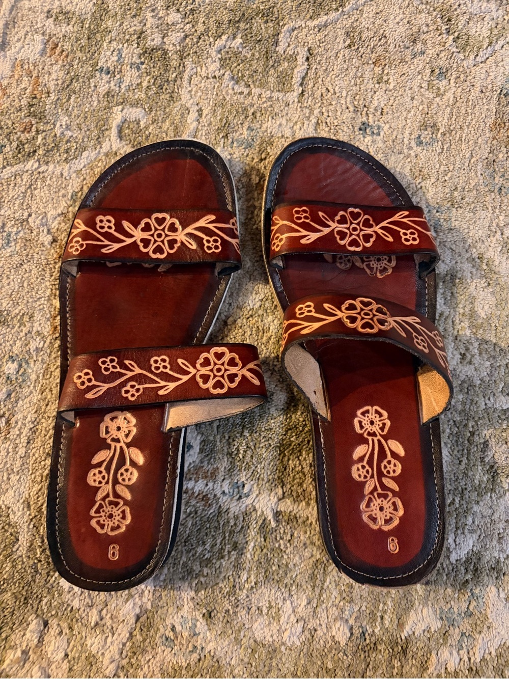 Handcrafted Brown Floral Leather Slide Sandals - Women's
